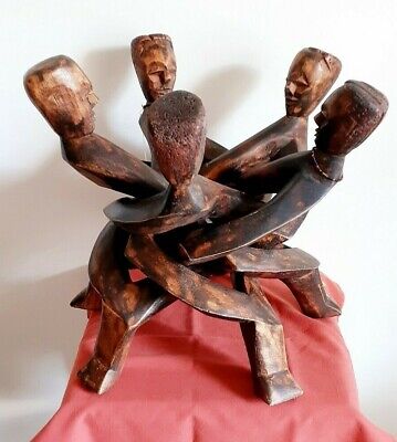 African Unity Circle Sculpture 5 head Ghana Carved wood art décor beautiful
