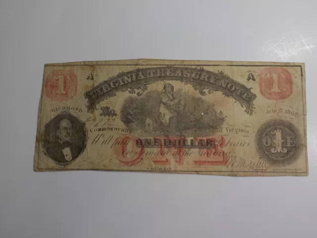 Civil War Confederate 1862 1 Dollar Bill Virginia Treasury Note Paper Money