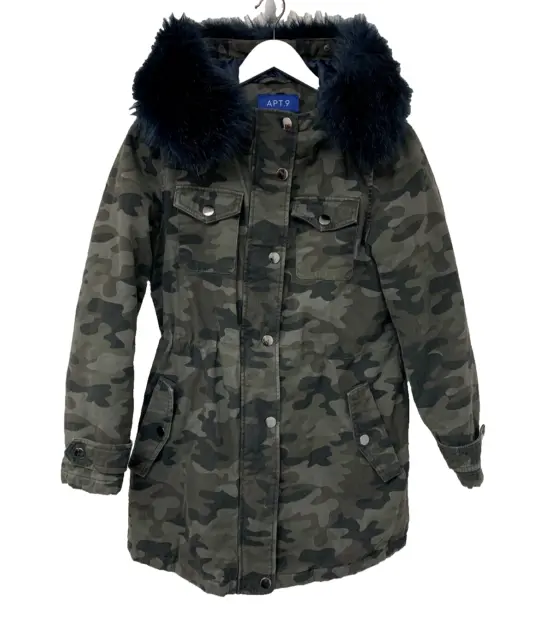 APT 9 Quilted Camo Puffer Coat Hooded Jacket Faux Fur Trim Zip Snap Womens Small