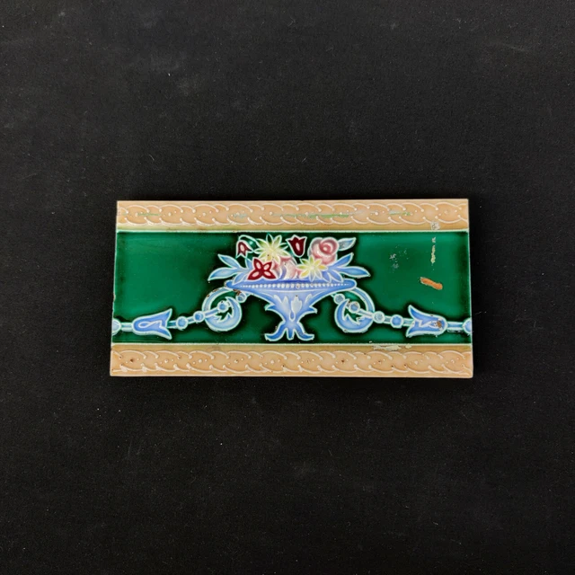1940s Vintage Architecture Furniture Tile6 x3  Floral Majolica Art Nouveau Japan 2