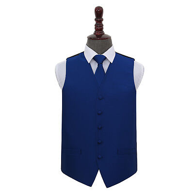 DQT Woven Plain Solid Check Royal Blue Mens Wedding Waistcoat & Tie Set