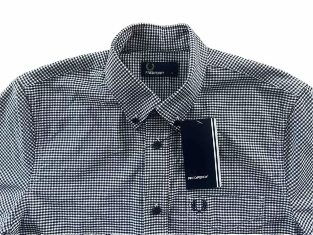 Camicia da uomo Fred Perry piccola nera bianca a scacchi Gingham nuova con etichette mod anni 80 manica corta