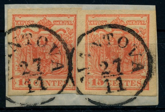 LOMBARDEI-VENETIEN 1850 2*15C auf Briefstück, HP, Type III. MANTOVA. Schön!
