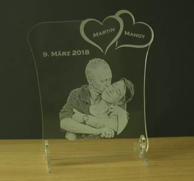 Geschenk Foto Gravur Acrylglas Herzen Jubiläum Verlobung Hochzeit Widmung