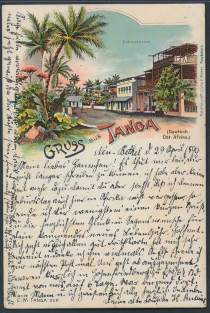 DOA Adler EF Litho-AK Gruß aus Tanga 1899 nach Pratau Attest (S21575)