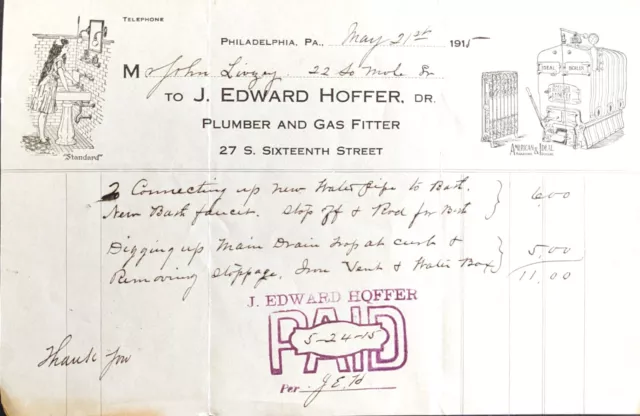 Antique 1915 Letterhead Receipt  Philadelphia PA Edward Hoffer Plumber Gas