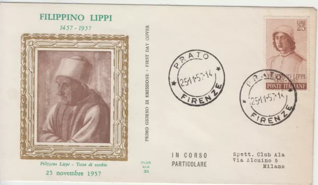 Repubblica Busta Primo Giorno Fdc Filippino Lippi Prato 25 Nov 1957 Club Ala