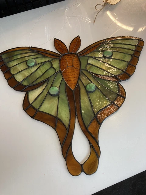 Luna Silk Moth Stained Glass Window Panel Large Suncatcher Handcrafted Usa