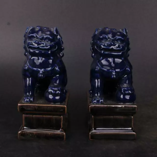 Pair Chinese Qing Blue Glaze Porcelain Figurine Foo Fu Dog Guardion Lion Statue