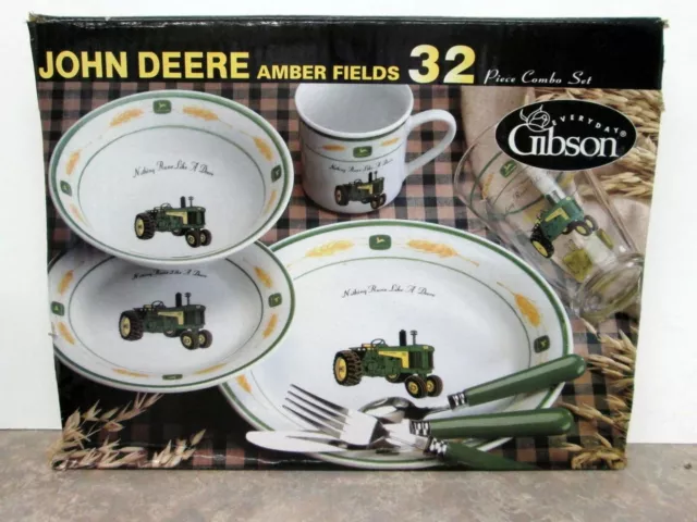 John Deere Gibson China Amber Fields 32 Piece Dinnerware Set Flatware Tumblers