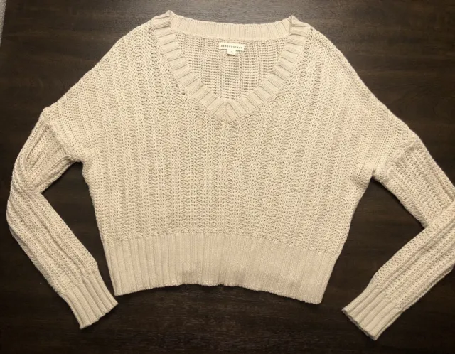 Aeropostale Women’s Cream Ivory V Neck Chunky Knit Sweater Size Small