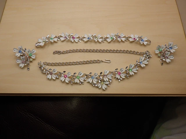 Emanuel Emmons Vintage Costume Jewelry Set 1947-54 Rhinestone White Flowers