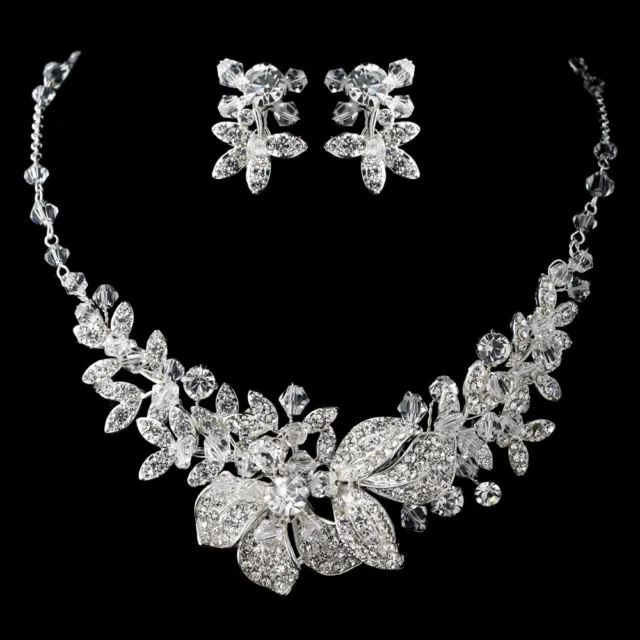 Silver Rhodium Clear Swarovski Crystal Bead Bridal Wedding Necklace Jewelry Set