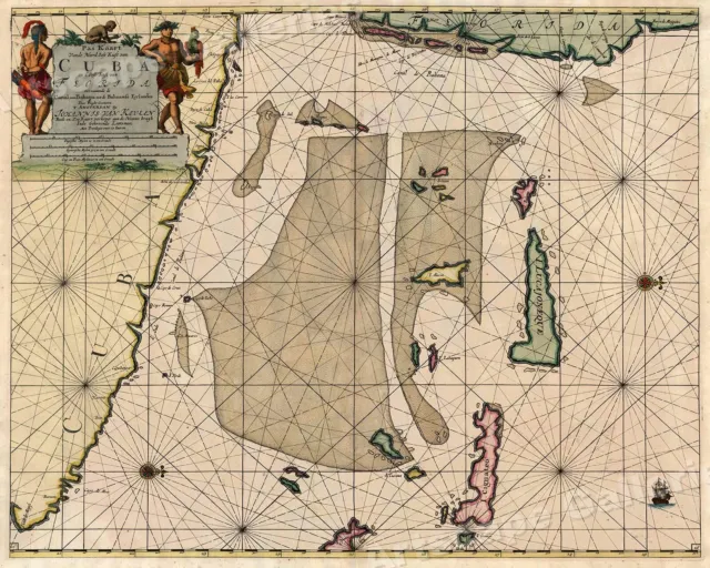 1701 Sailing Map of Cuba and Florda Historic Vintage Style Illustrated Map 20x24