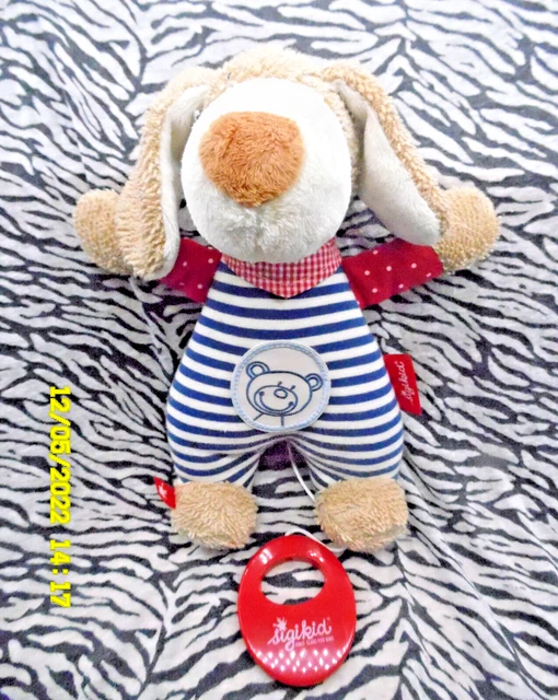 Cf/ Sigikid Doudou Peluche Musical Lapin Chien Beige Bleu Raye Rouge 30Cm Neuf