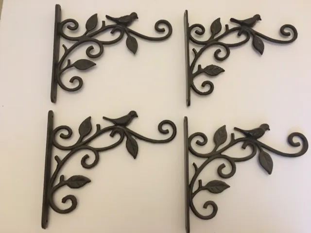 Set Of 4 Metal Cast Iron Wall Brackets With Leaves & Birds W 10”