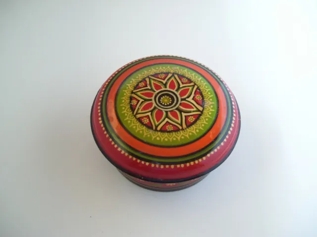 Vintage Wooden Hand Painted Lacquer Finish Round Trinket  box In Multi Color
