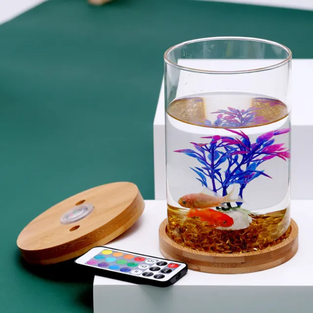 Glass Betta Fish Tank Mini Aquarium Wooden Base With Light Home Ornament Decor