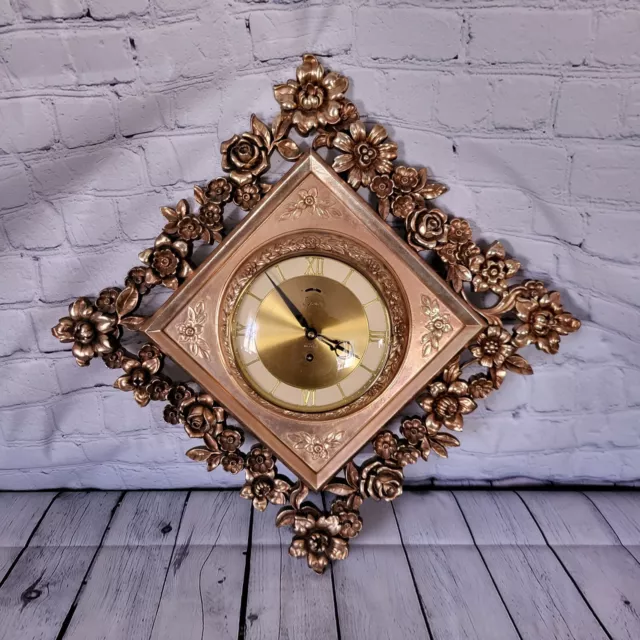 Vintage Syroco Wall Clock Gilded Gold Tone Wooden Floral Frame Hard To Find 3