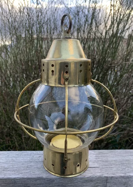 Vintage Large Glass & Brass Onion Lantern Hurricane Lamp Candle Holder