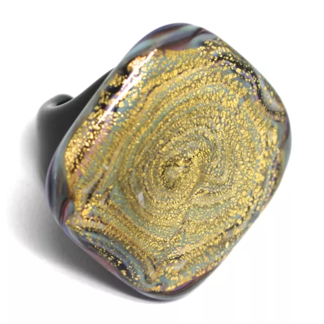 Anello Antica Murrina, Vetro Di Murano, Nero Viola, Foglia Oro, Grande Quadrato