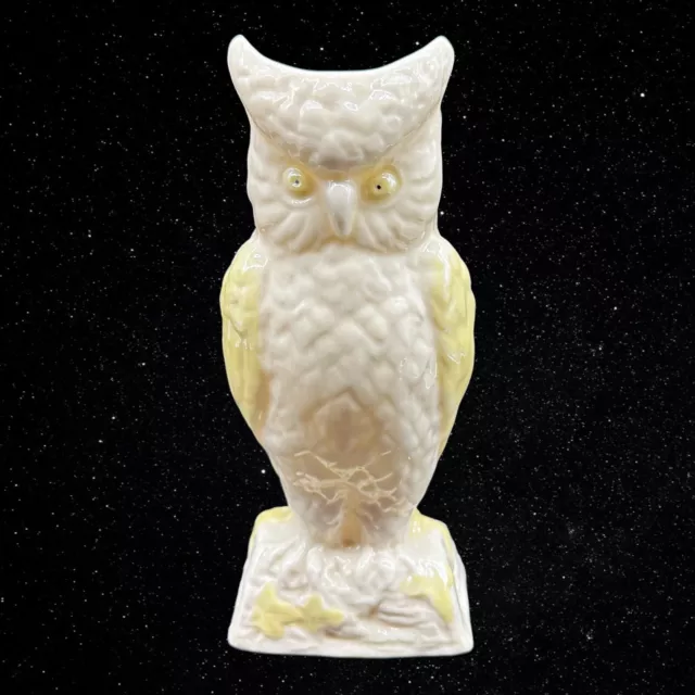 Belleek Ireland White Great Horned Owl Gold Wings Porcelain Vase 8”T 2.5”W