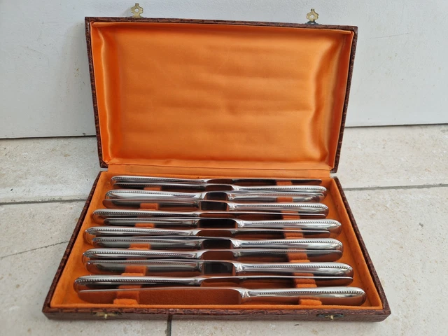 COFFRET 12 COUTEAUX MANCHES Argentés lames INOX JUS DE GRENIER déco TABLE D