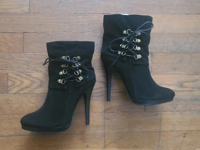 Fredericks of Hollywood Black Strappy Lace Up Heel Stiletto Shoes/Boots Size 7