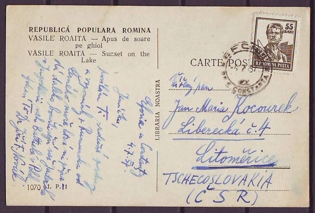 q3858/ Romania Card Cover t/Czechoslovakia 1957 w/Single 55.b