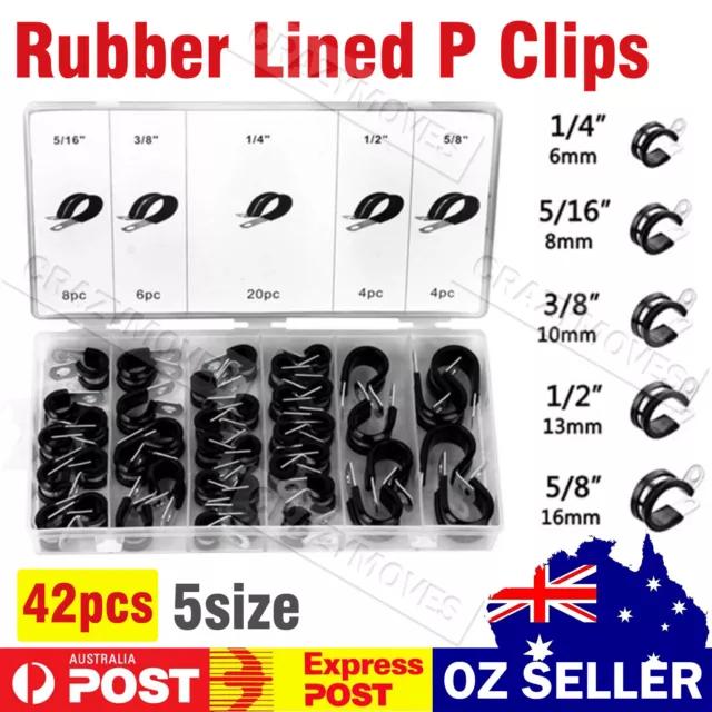 42pcs Rubber Lined P Clips Cable Hose Pipe Clamps Holder Air Clip VIC