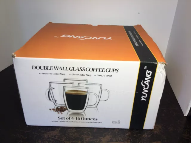 Yuncang Double Wall Insulated Glass Coffee Cups Set of 4 (16 Ounces) Mug