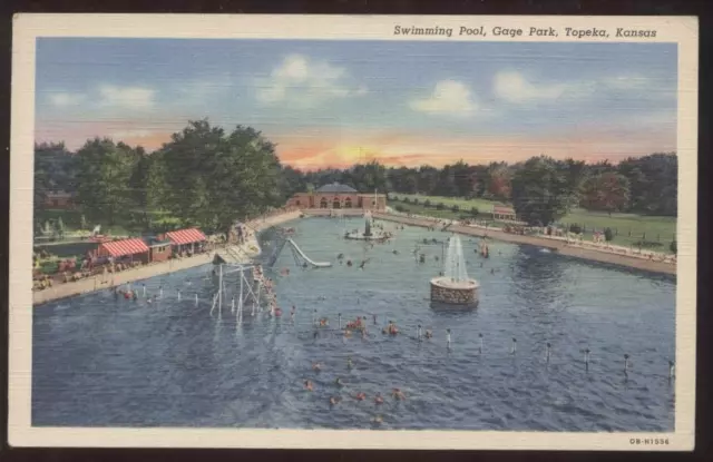 Postcard Topeka, Kansas/KS Gage Park Swimming Pool Aerial View 1930's