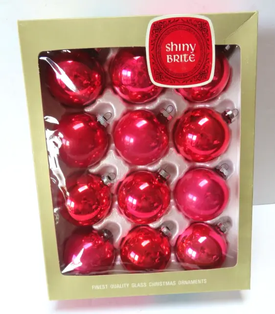12 Large Vintage Red Shiny Brite Christmas Ornaments in Original Box