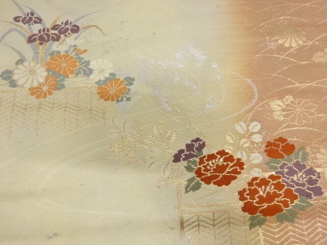 6633778: Japanese Kimono / Antique Nagoya Obi / Woven Peony With Kiku & Grass