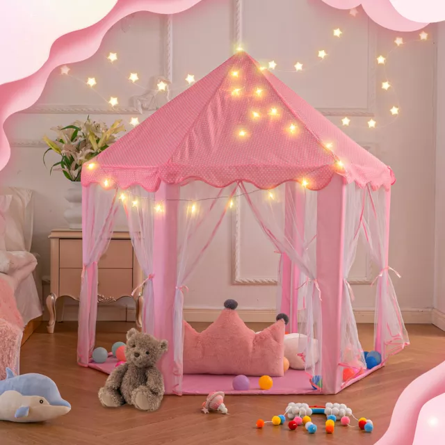 Princess Castle Play Tent Large Indoor Outdoor Kids Playhouse Gift Pink + Lights