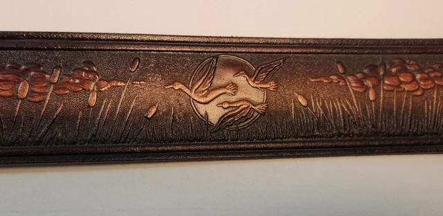 Hand Tooled Painted  Ducks Genuine Leather Belt No Buckle 1.5" Wide Up To 40"
