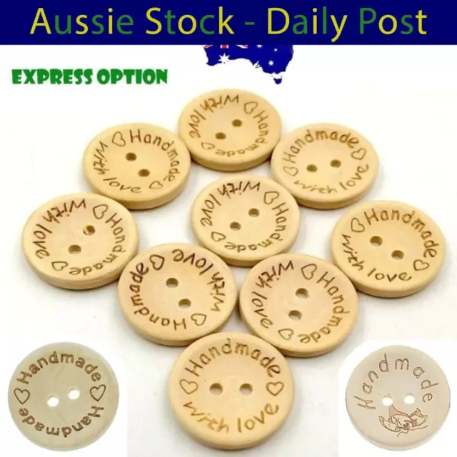 25x 15mm "Handmade with Love" Round Wooden Buttons Handmade Clothes
