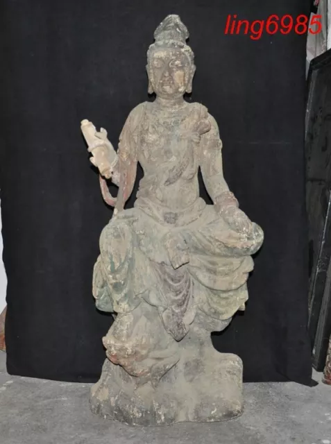 China Buddhism old wood painted Carved Kwan-Yin GuanYin buddha goddess statue