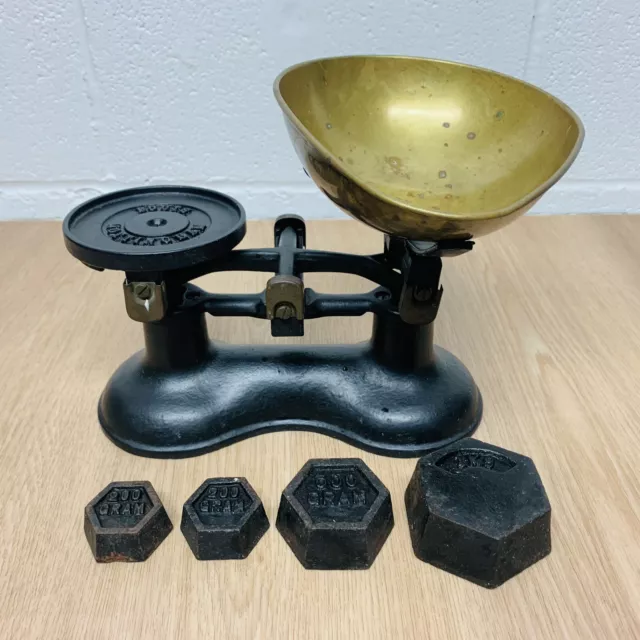 Vintage Antique Boots Nottingham Metal Kitchen Weighing Scales Bowl & Weights