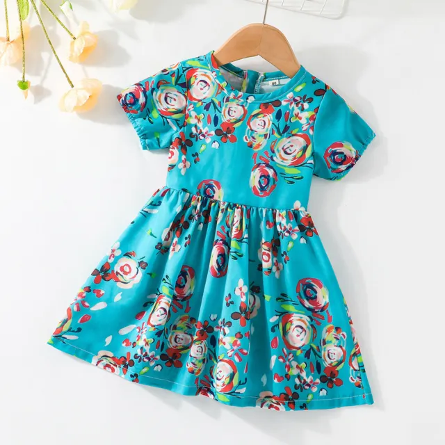 Toddler Girls Short Sleeve Dresses Kids Floral Prints Princess Dress Clothes