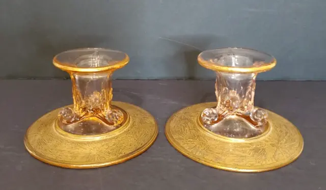 Vintage Pair of Pink Depression Glass w Heavy Etched Gold Candle Holders
