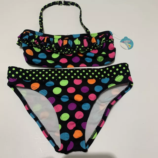 Jantzen Girls 5/6 Ruffled Multicolored Polka Dot Geometric Bikini Swimsuit New