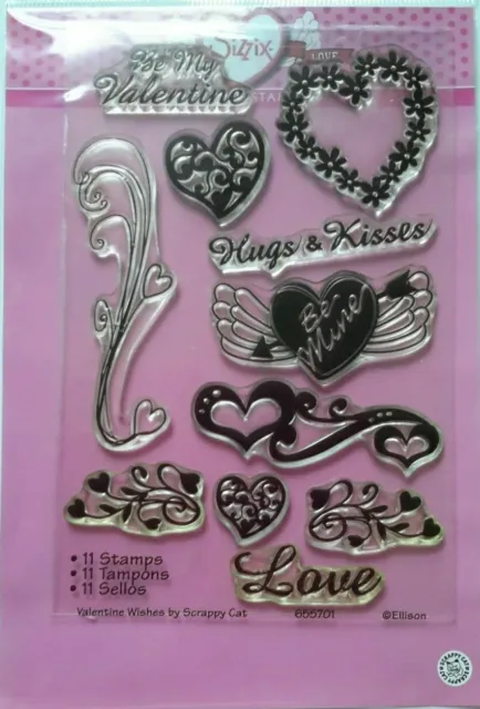 VALENTINE LOVE HEART CLEAR RUBBER STAMPS X 11. HUGS AND KISSES BE MINE sizzix
