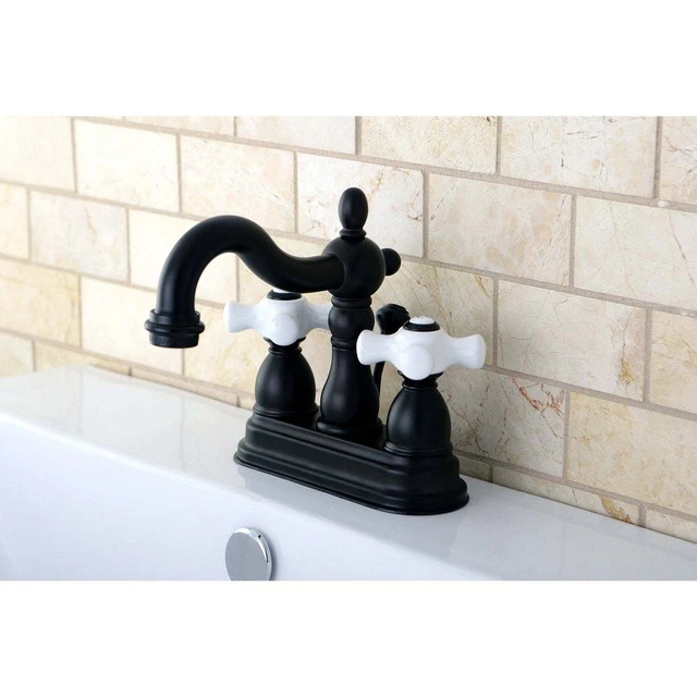 Victorian High Spout Oil Rubbed Bronze Bathroom Faucet Porcelain Cross Handles