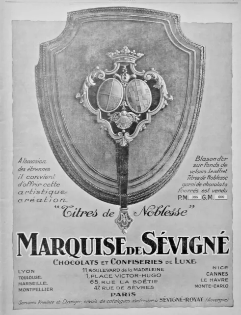 Publicité De Presse 1926 Marquise De Sévigné Chocolats Et Confiseries De Luxe