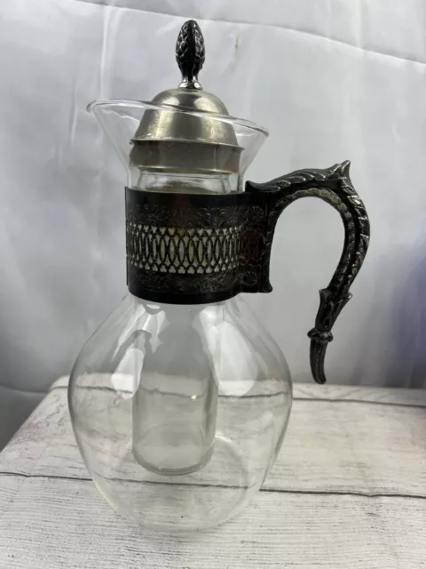 Vintage Glass Coffe Tea Juice Pot Carafe Pitcher Hot Cold Silver Plate Handle