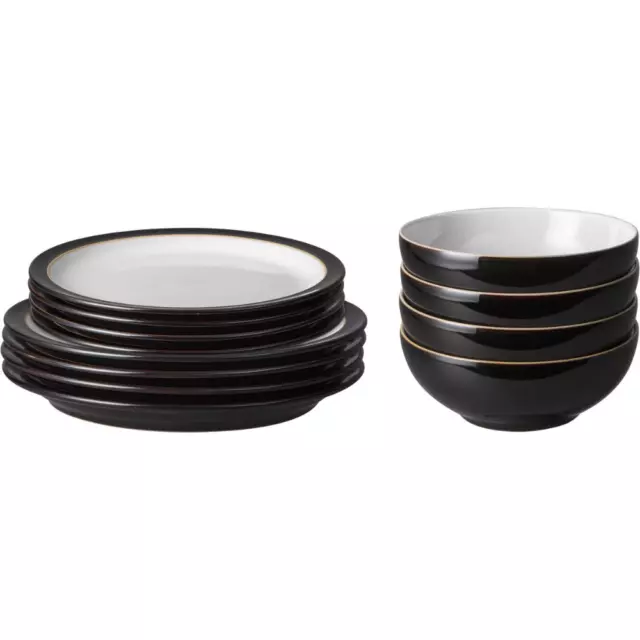 Denby Elements Black 12 Piece Dinner Tableware Set Made in UK 10 Year Guarantee