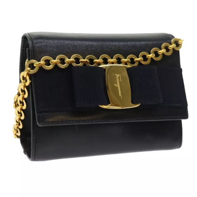 Salvatore Ferragamo Chain Shoulder Bag Leather Navy Auth yk9123