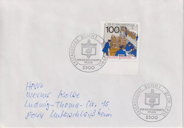 BRD FDC MiNr 1476 (3d) Ru "Wohlfahrt 1990" Geschichte der Post/Telekommunikation