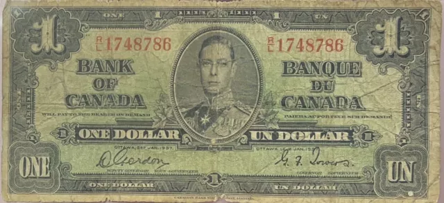 1937 Bank Of Canada 1 Dollar  Note Paper Currency